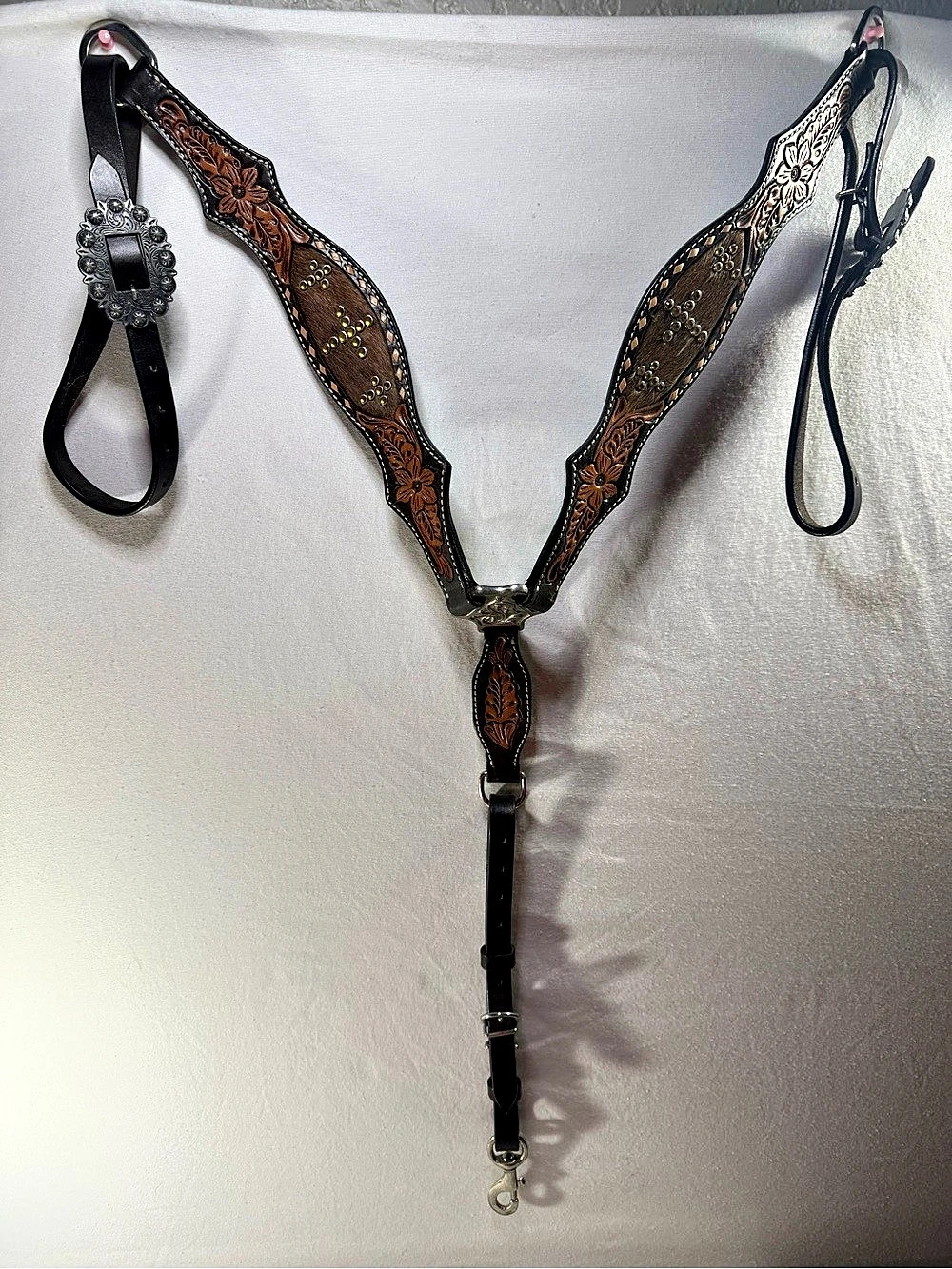Tooled Leather Breast Collar in Brown & Black w/ Studded Cross and Fur Inlay